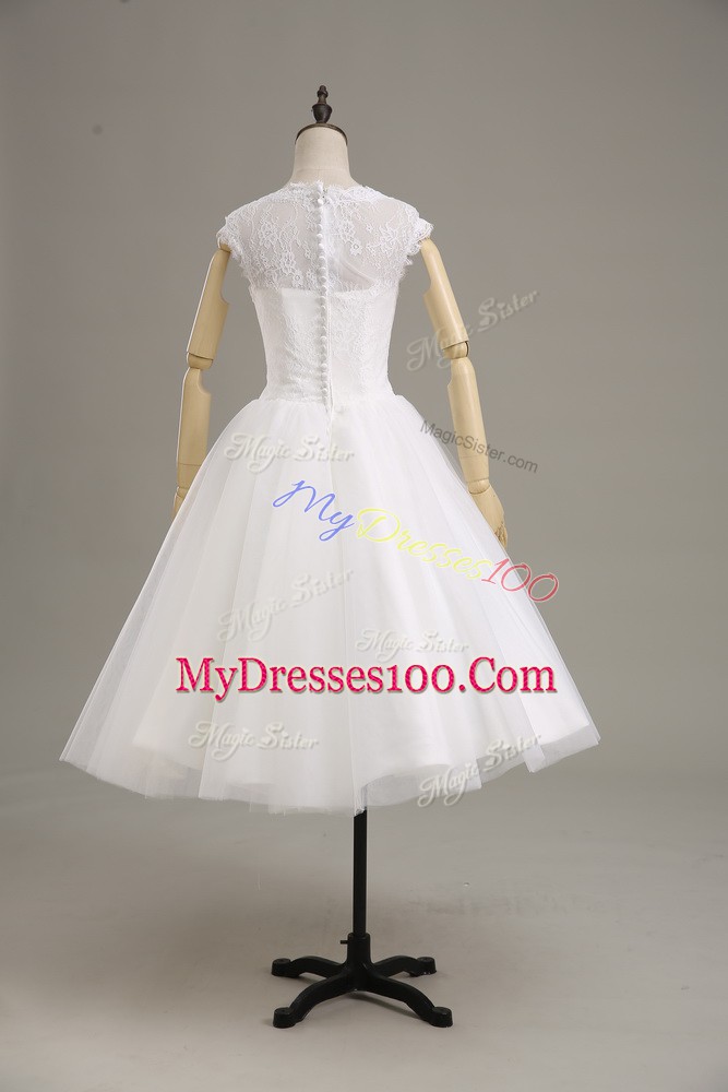 Short Sleeves Tea Length Lace and Belt Clasp Handle Wedding Dress with White
