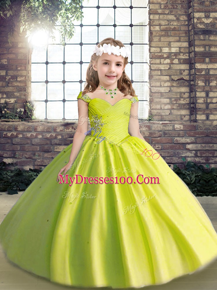 Yellow Green Ball Gowns Straps Sleeveless Tulle Floor Length Lace Up Beading Kids Pageant Dress