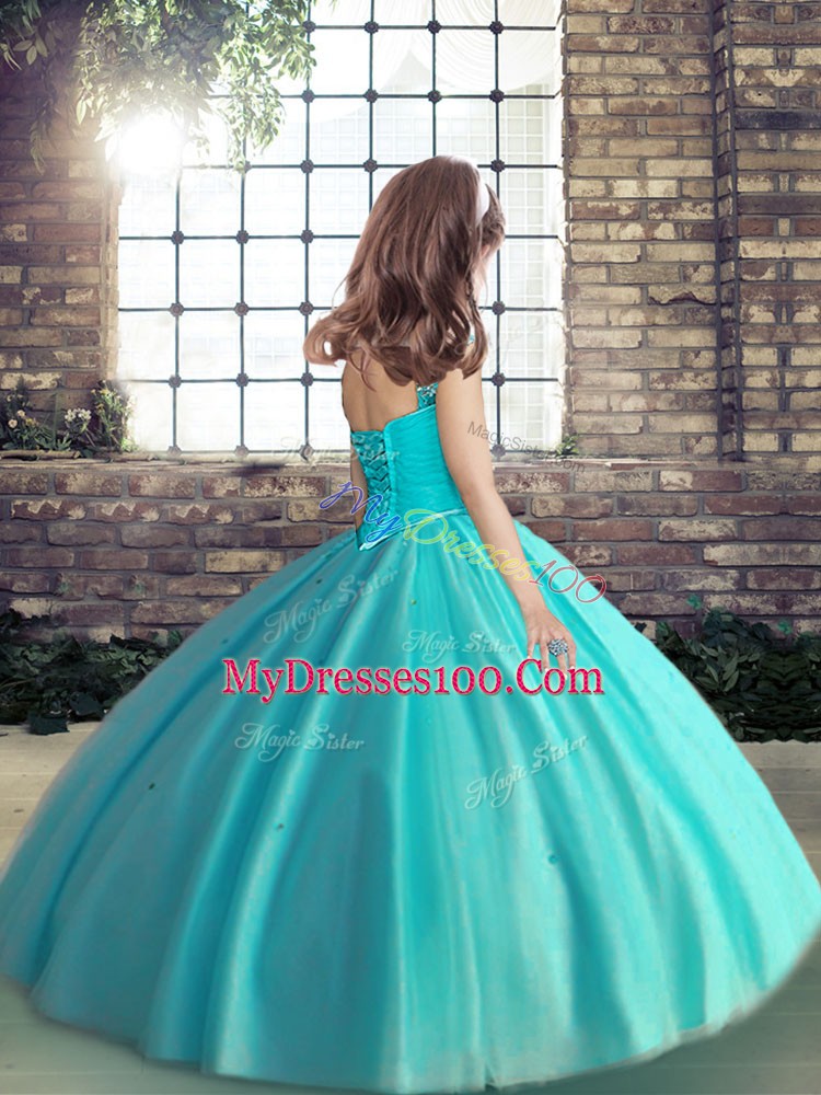Yellow Green Ball Gowns Straps Sleeveless Tulle Floor Length Lace Up Beading Kids Pageant Dress