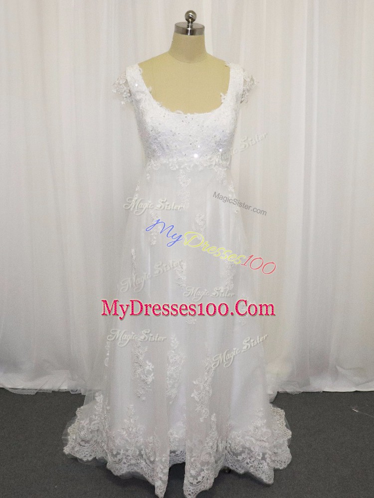 Pretty White Lace Up Wedding Gowns Beading and Lace Cap Sleeves Sweep Train