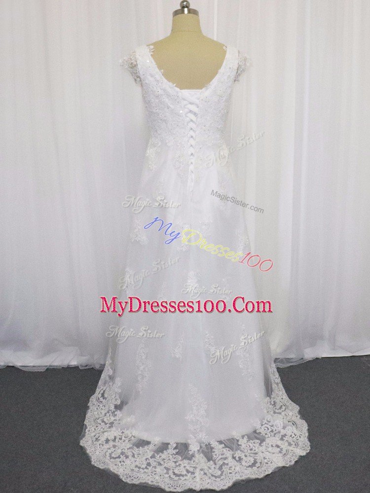 Pretty White Lace Up Wedding Gowns Beading and Lace Cap Sleeves Sweep Train