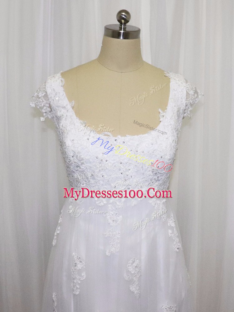 Pretty White Lace Up Wedding Gowns Beading and Lace Cap Sleeves Sweep Train