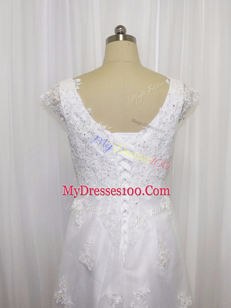 Pretty White Lace Up Wedding Gowns Beading and Lace Cap Sleeves Sweep Train