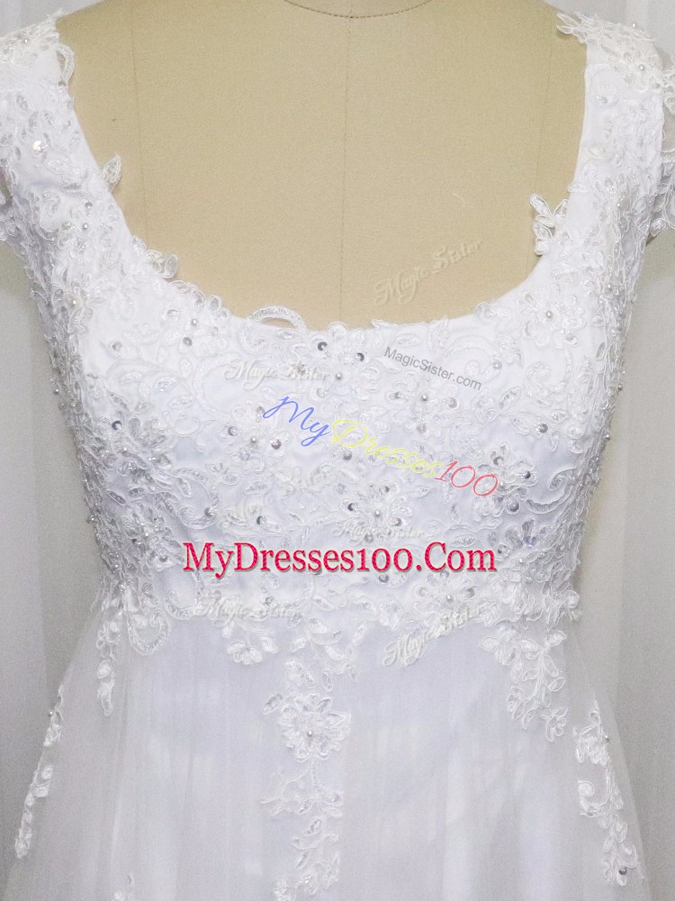 Pretty White Lace Up Wedding Gowns Beading and Lace Cap Sleeves Sweep Train
