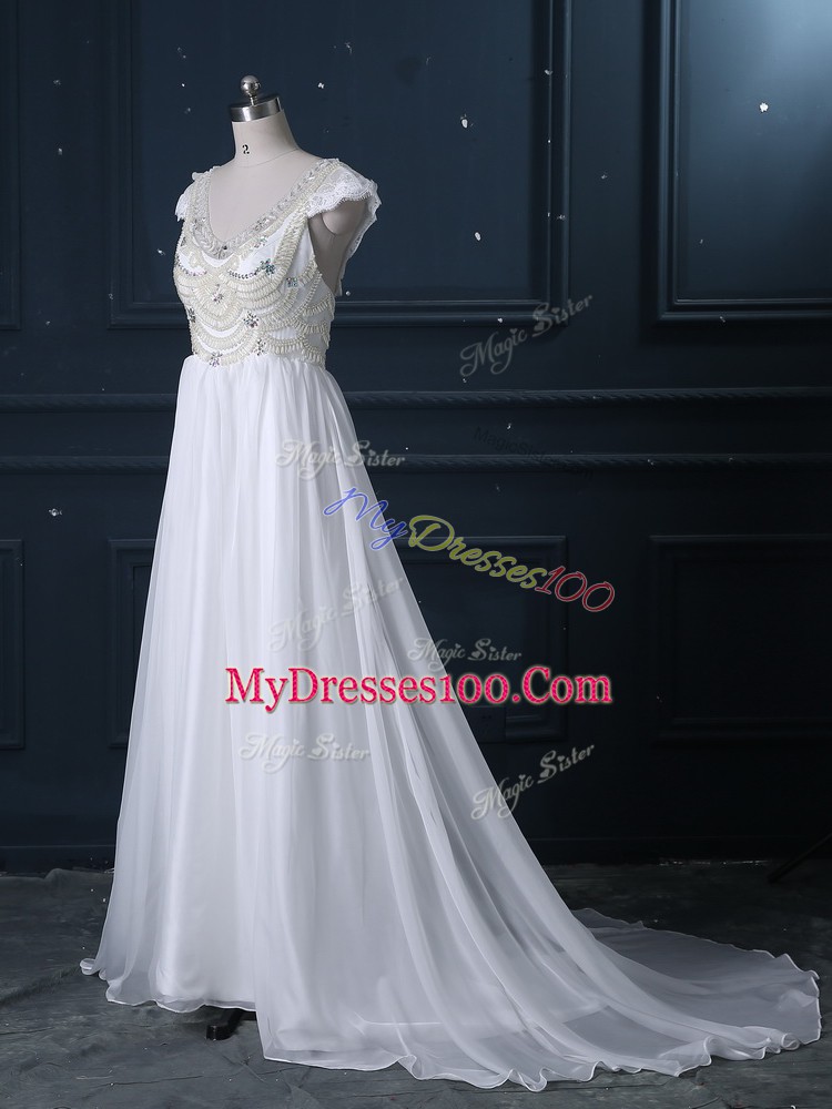 Chiffon V-neck Cap Sleeves Brush Train Zipper Beading Wedding Dresses in White