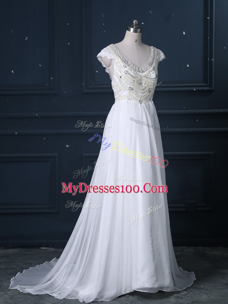 Chiffon V-neck Cap Sleeves Brush Train Zipper Beading Wedding Dresses in White