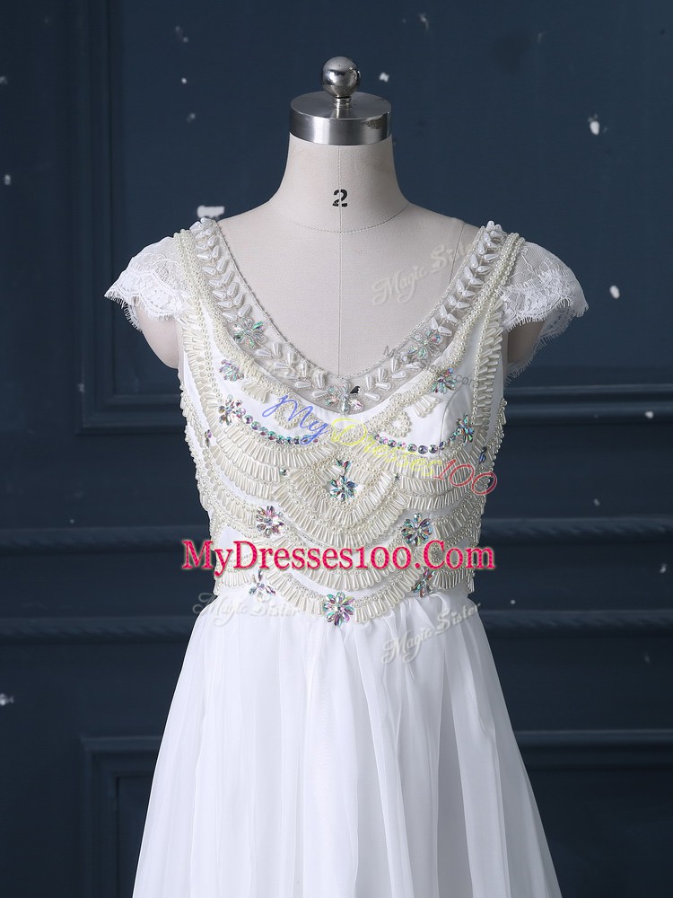 Chiffon V-neck Cap Sleeves Brush Train Zipper Beading Wedding Dresses in White