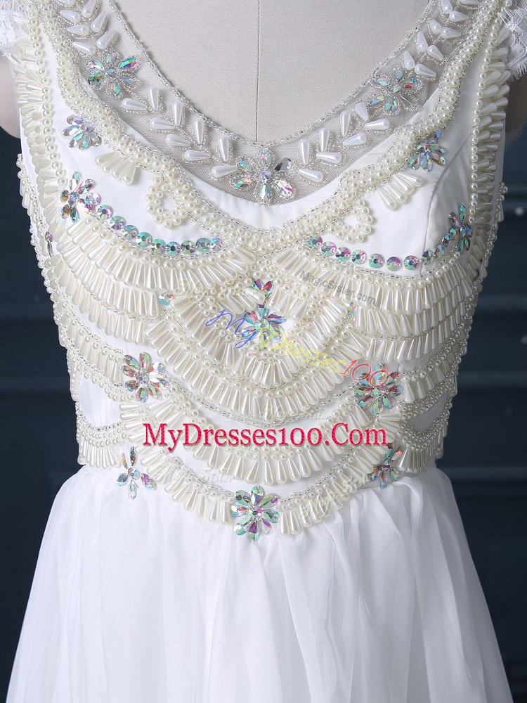 Chiffon V-neck Cap Sleeves Brush Train Zipper Beading Wedding Dresses in White