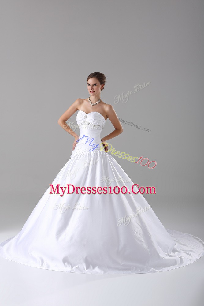 Best Selling White Taffeta Lace Up Wedding Gown Sleeveless Brush Train Beading