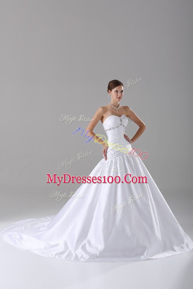 Best Selling White Taffeta Lace Up Wedding Gown Sleeveless Brush Train Beading