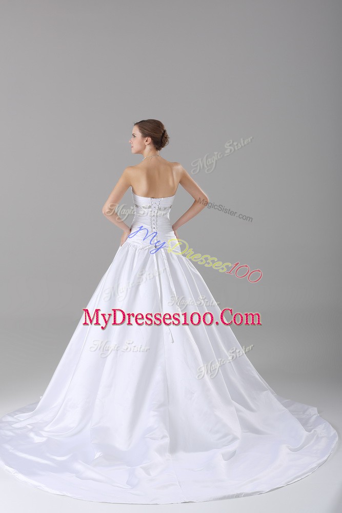 Best Selling White Taffeta Lace Up Wedding Gown Sleeveless Brush Train Beading