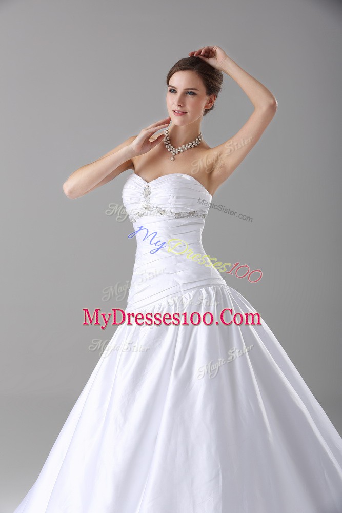 Best Selling White Taffeta Lace Up Wedding Gown Sleeveless Brush Train Beading