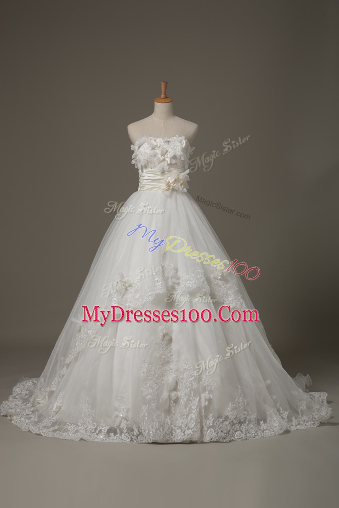 Customized White Bridal Gown Wedding Party with Lace and Appliques and Hand Made Flower Strapless Sleeveless Brush Train Lace Up