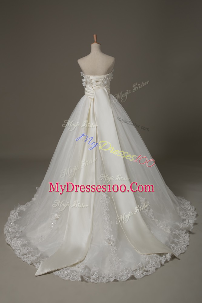 Customized White Bridal Gown Wedding Party with Lace and Appliques and Hand Made Flower Strapless Sleeveless Brush Train Lace Up
