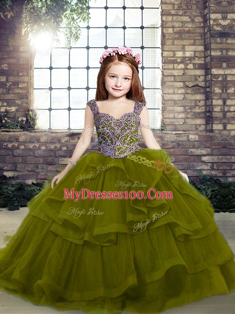 Olive Green Straps Lace Up Beading and Ruffles Girls Pageant Dresses Sleeveless
