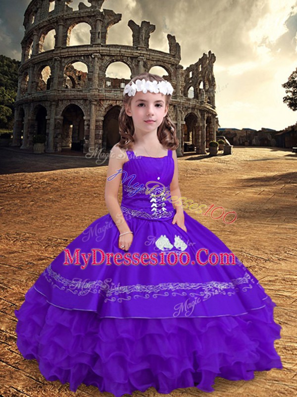 Satin and Organza Straps Sleeveless Zipper Embroidery and Ruffled Layers Kids Pageant Dress in Lavender