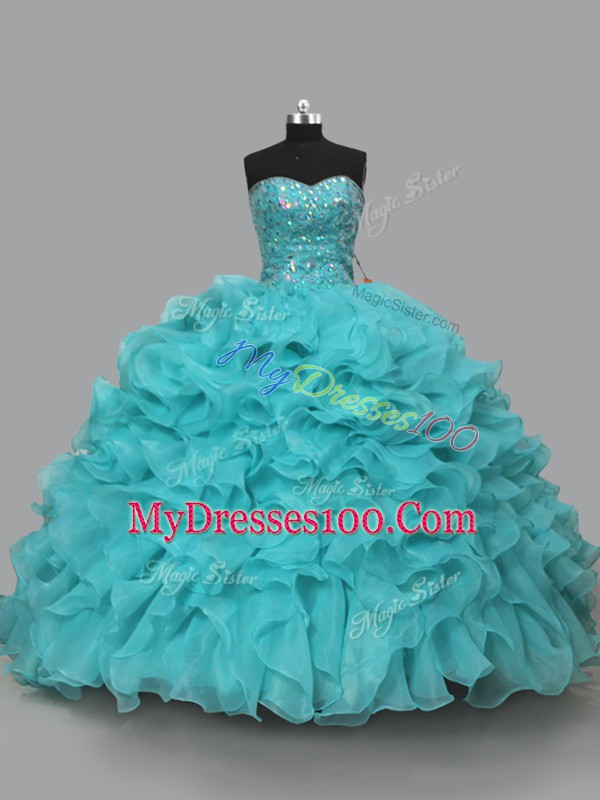 Luxurious Lace Up Sweet 16 Dress Aqua Blue for Sweet 16 and Quinceanera with Beading and Ruffles