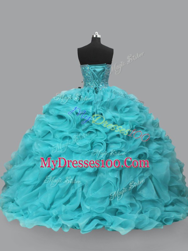 Luxurious Lace Up Sweet 16 Dress Aqua Blue for Sweet 16 and Quinceanera with Beading and Ruffles