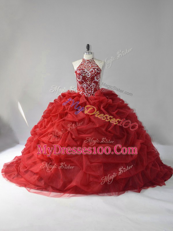 Edgy Halter Top Sleeveless Vestidos de Quinceanera Court Train Beading and Pick Ups Wine Red Organza