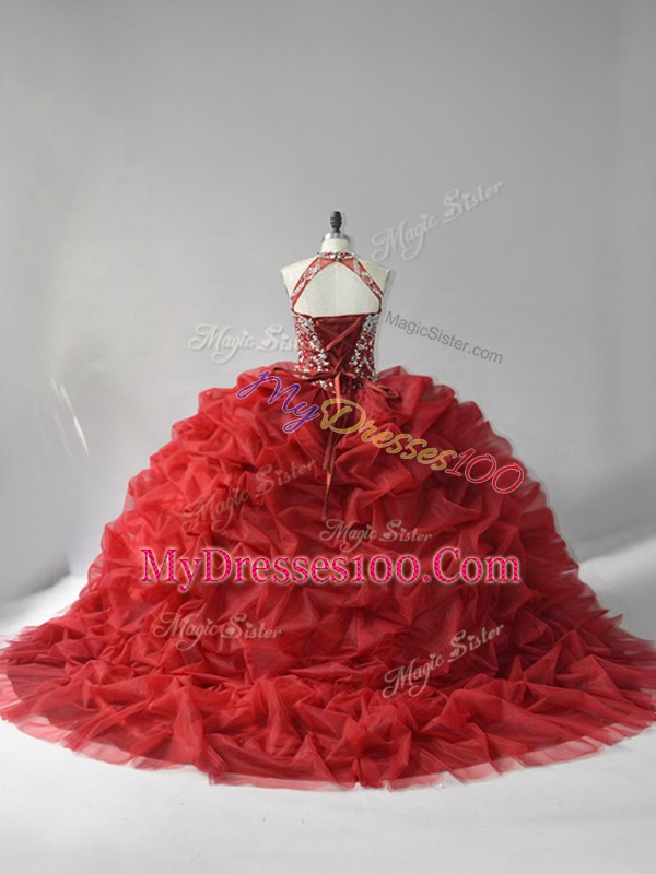 Edgy Halter Top Sleeveless Vestidos de Quinceanera Court Train Beading and Pick Ups Wine Red Organza