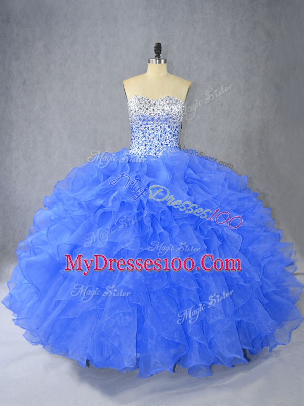 Blue Ball Gowns Sweetheart Sleeveless Organza Floor Length Lace Up Beading and Ruffles Ball Gown Prom Dress