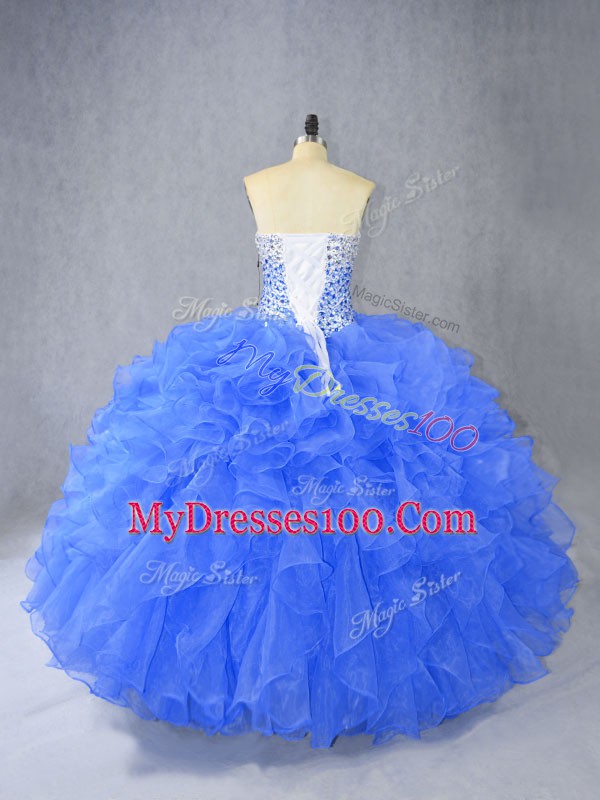 Blue Ball Gowns Sweetheart Sleeveless Organza Floor Length Lace Up Beading and Ruffles Ball Gown Prom Dress