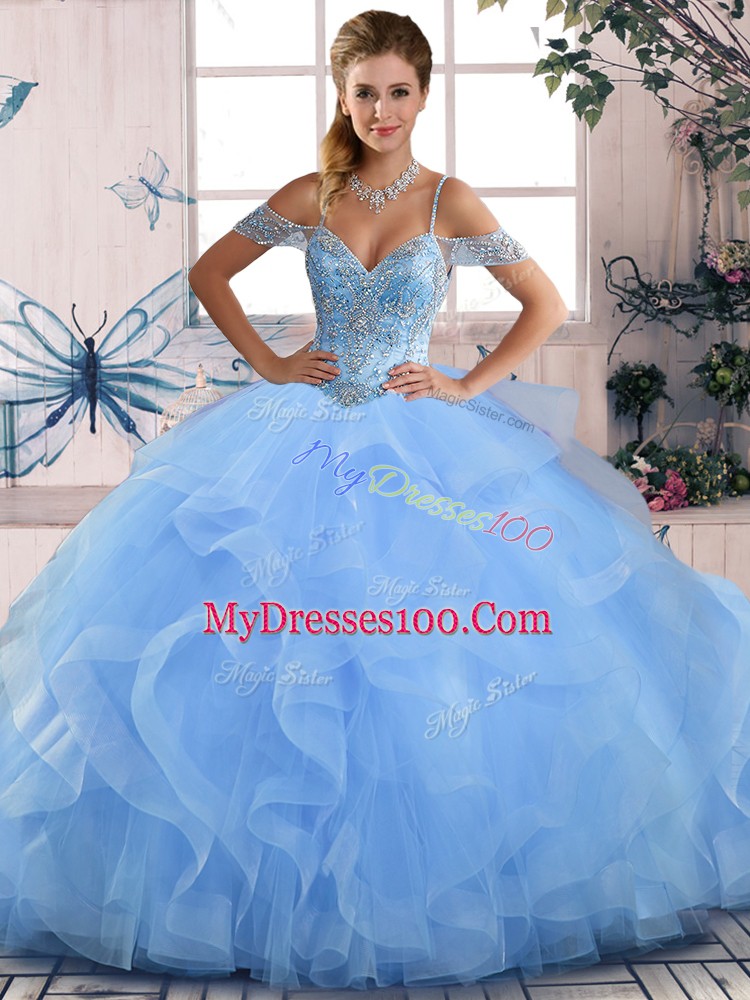 Tulle Off The Shoulder Sleeveless Lace Up Beading and Ruffles Quince Ball Gowns in Blue