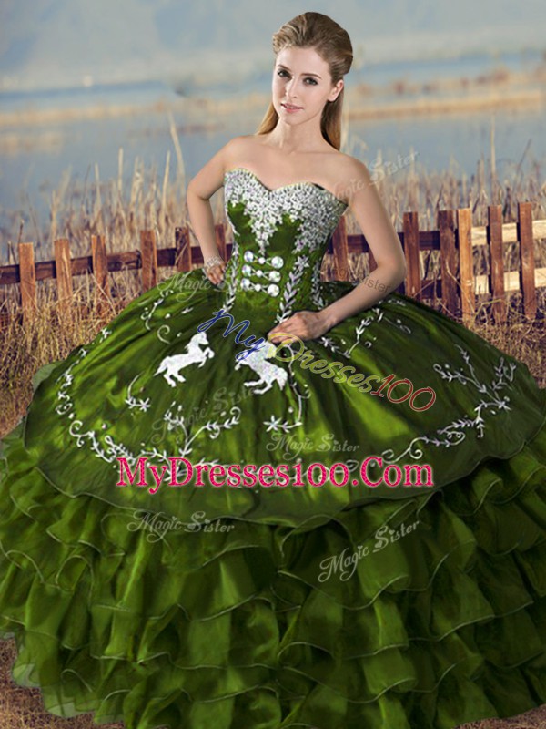 Olive Green Ball Gowns Embroidery and Ruffles 15th Birthday Dress Lace Up Satin Sleeveless Floor Length