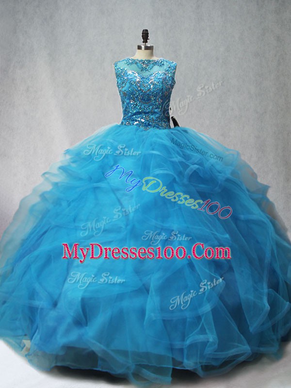 Discount Brush Train Ball Gowns Quinceanera Gown Aqua Blue Scoop Tulle Sleeveless Lace Up