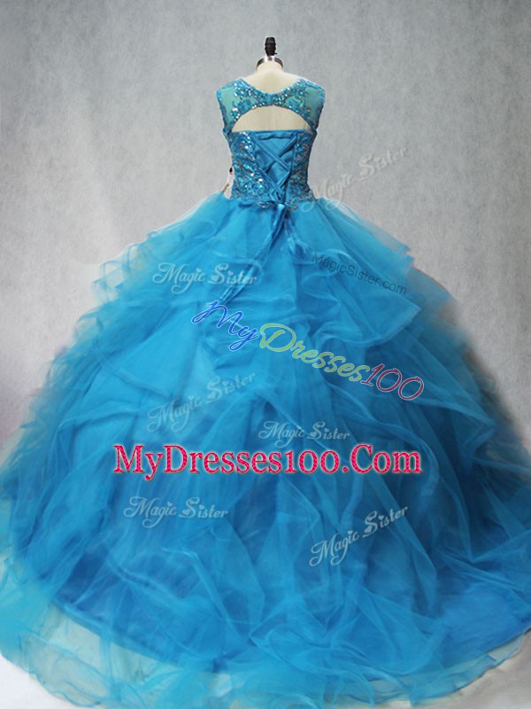 Discount Brush Train Ball Gowns Quinceanera Gown Aqua Blue Scoop Tulle Sleeveless Lace Up