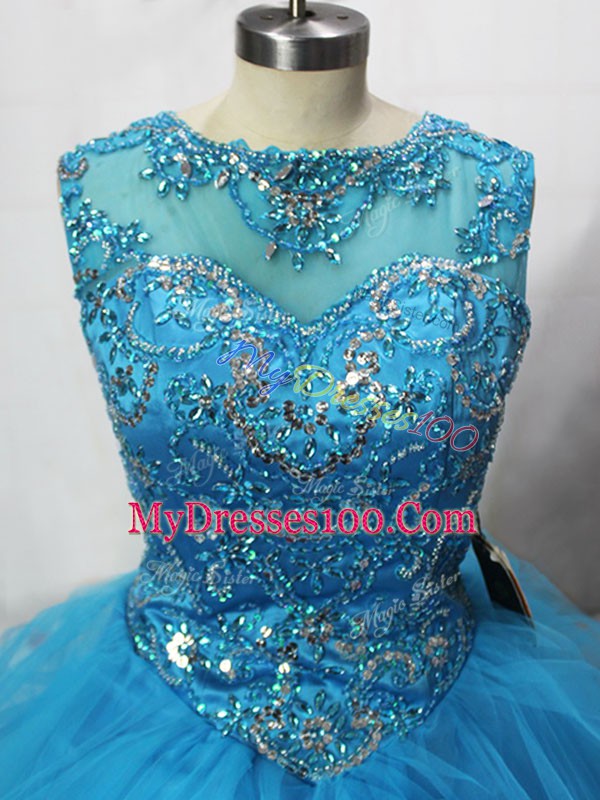 Discount Brush Train Ball Gowns Quinceanera Gown Aqua Blue Scoop Tulle Sleeveless Lace Up