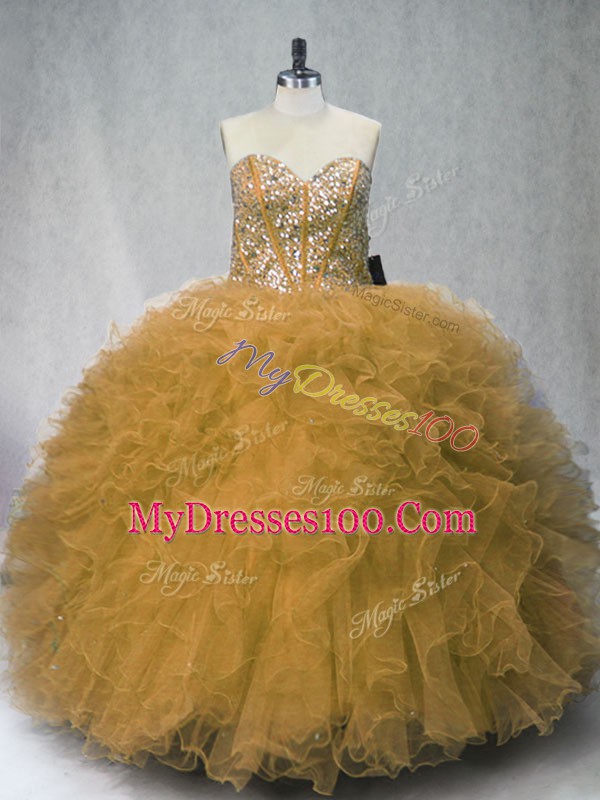 Brown Sleeveless Floor Length Beading and Ruffles Lace Up 15th Birthday Dress