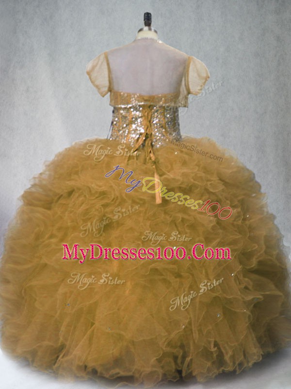 Brown Sleeveless Floor Length Beading and Ruffles Lace Up 15th Birthday Dress