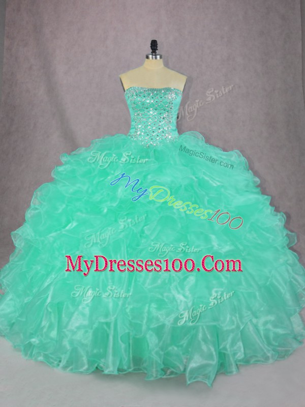 Floor Length Turquoise 15th Birthday Dress Organza Sleeveless Beading and Ruffles