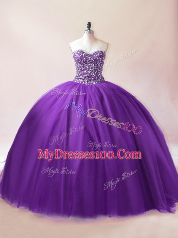 Ball Gowns 15 Quinceanera Dress Purple Sweetheart Tulle Sleeveless Floor Length Lace Up