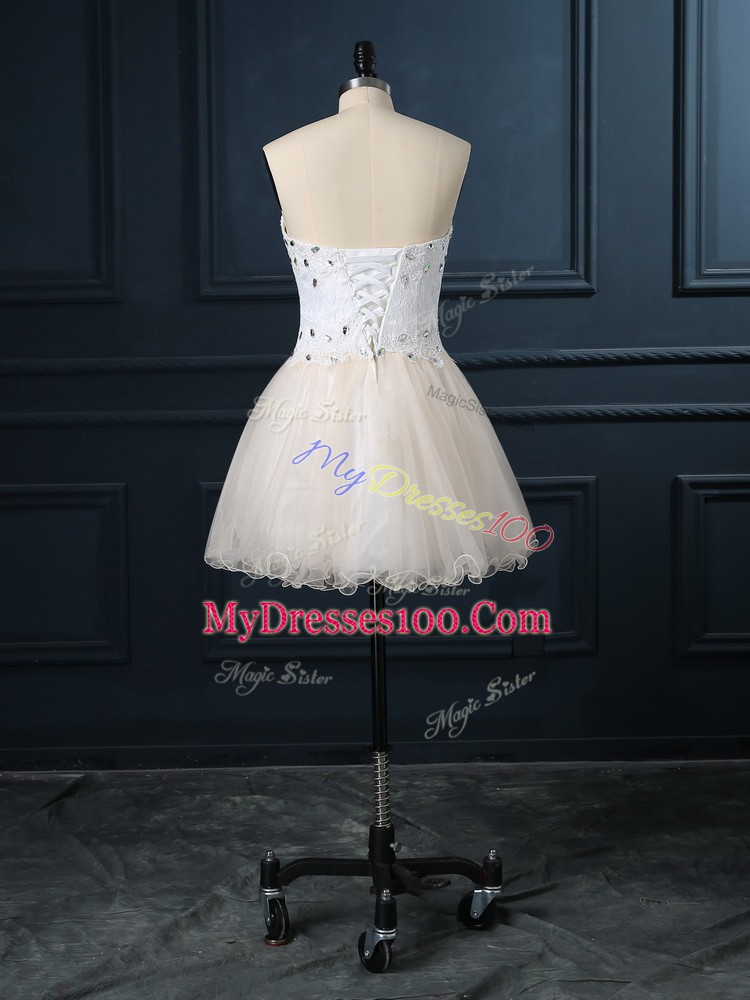 Organza Sleeveless Mini Length Wedding Gown and Beading and Lace