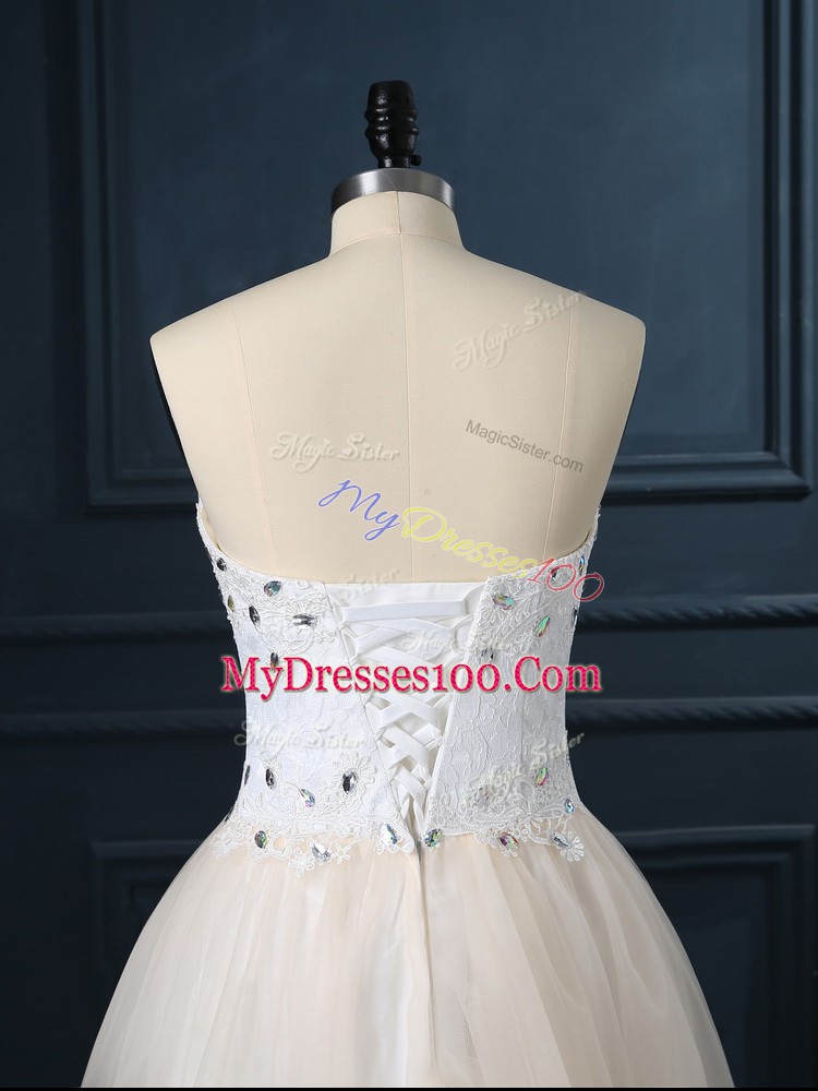 Organza Sleeveless Mini Length Wedding Gown and Beading and Lace