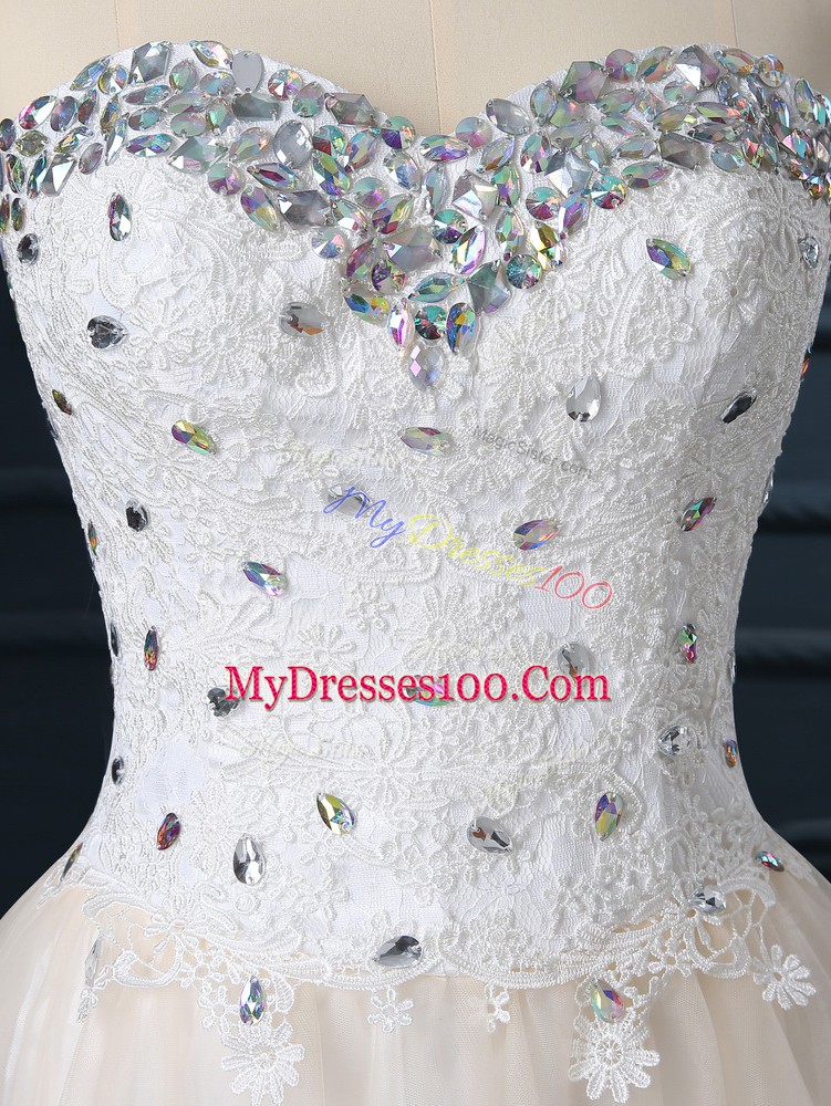Organza Sleeveless Mini Length Wedding Gown and Beading and Lace
