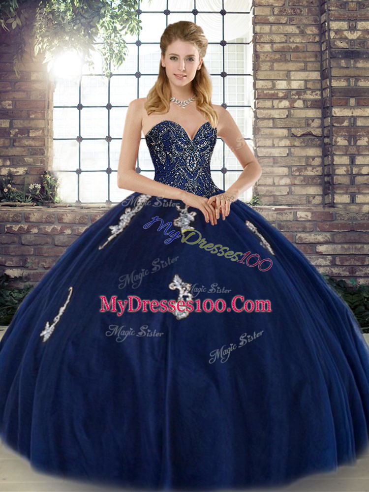 Ball Gowns Vestidos de Quinceanera Navy Blue Sweetheart Tulle Sleeveless Floor Length Lace Up