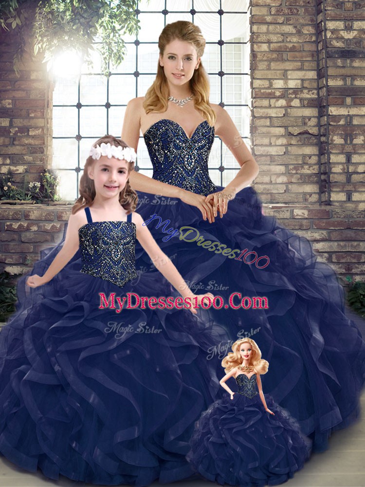 Dynamic Navy Blue Tulle Lace Up Sweetheart Sleeveless Floor Length Quinceanera Dress Beading and Ruffles