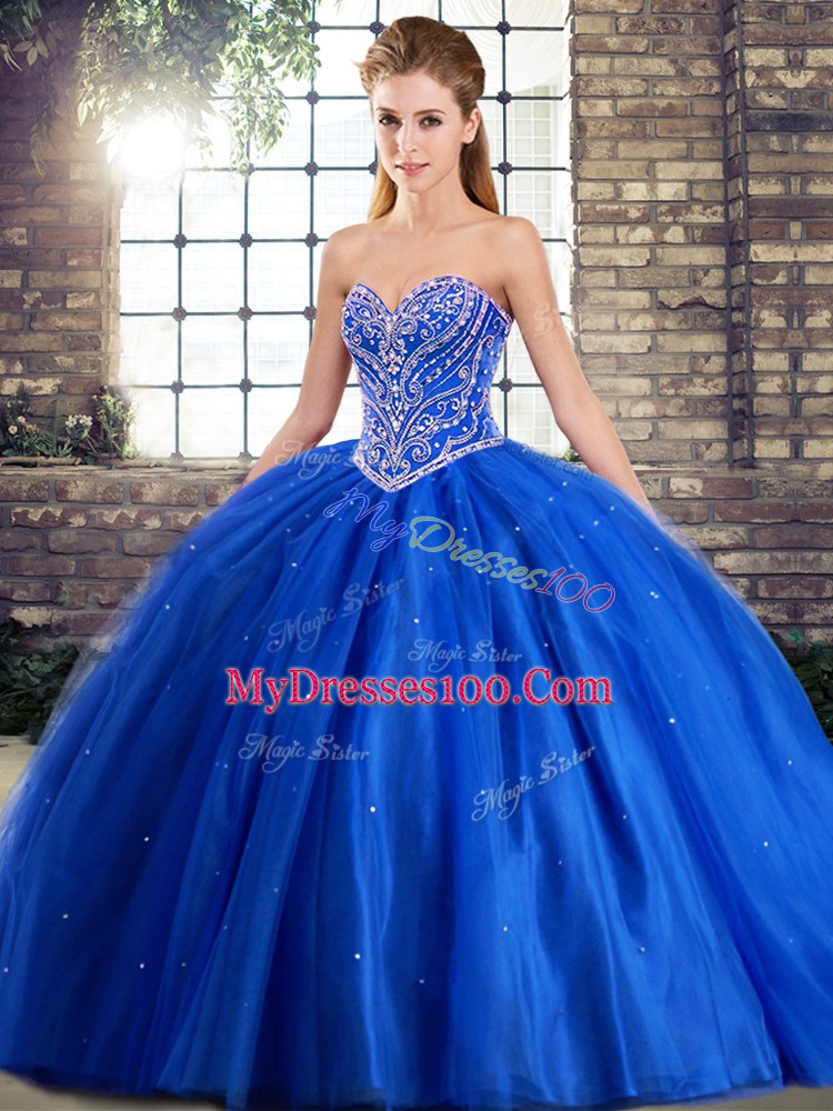 Blue Tulle Lace Up Sweetheart Sleeveless 15th Birthday Dress Brush Train Beading