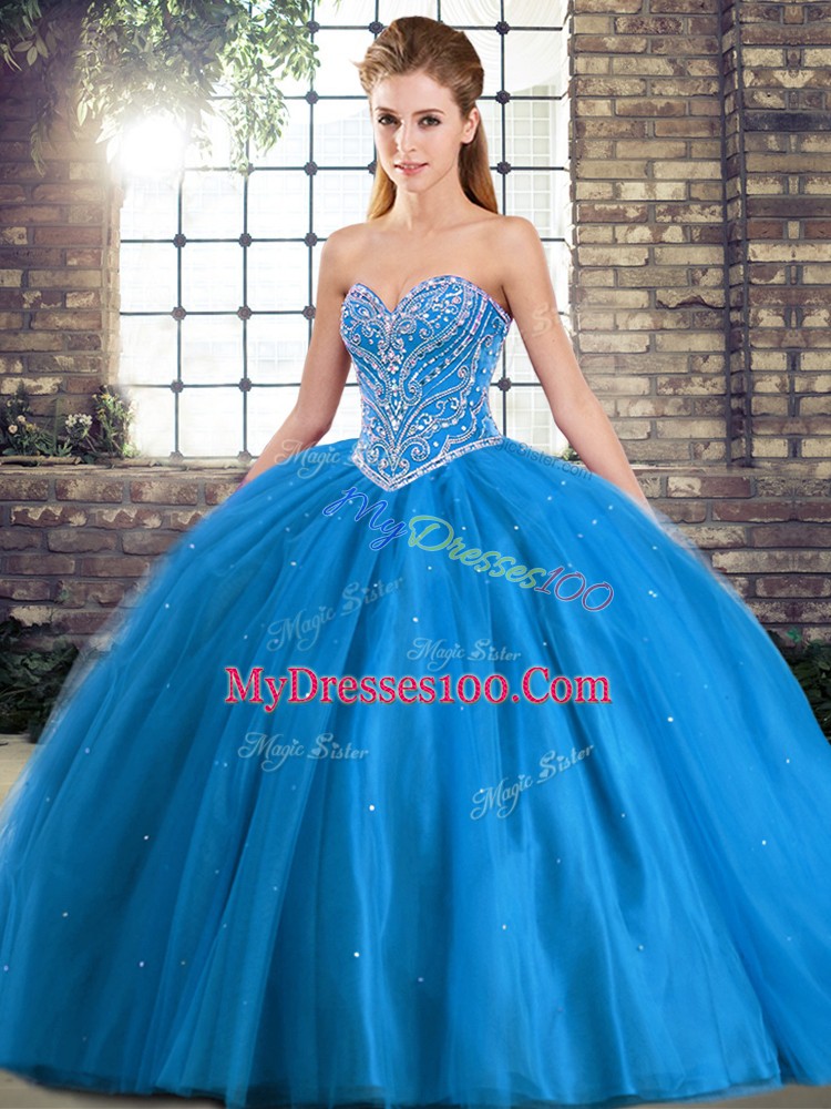 Tulle Sweetheart Sleeveless Brush Train Lace Up Beading Quince Ball Gowns in Baby Blue