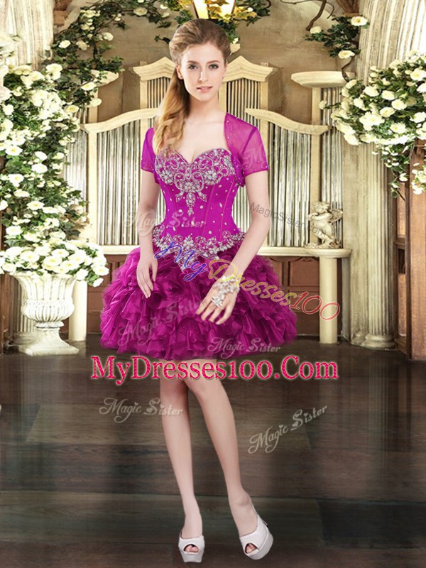 Fitting Fuchsia Quince Ball Gowns Military Ball and Sweet 16 and Quinceanera with Beading and Ruffles and Pick Ups Sweetheart Sleeveless Lace Up