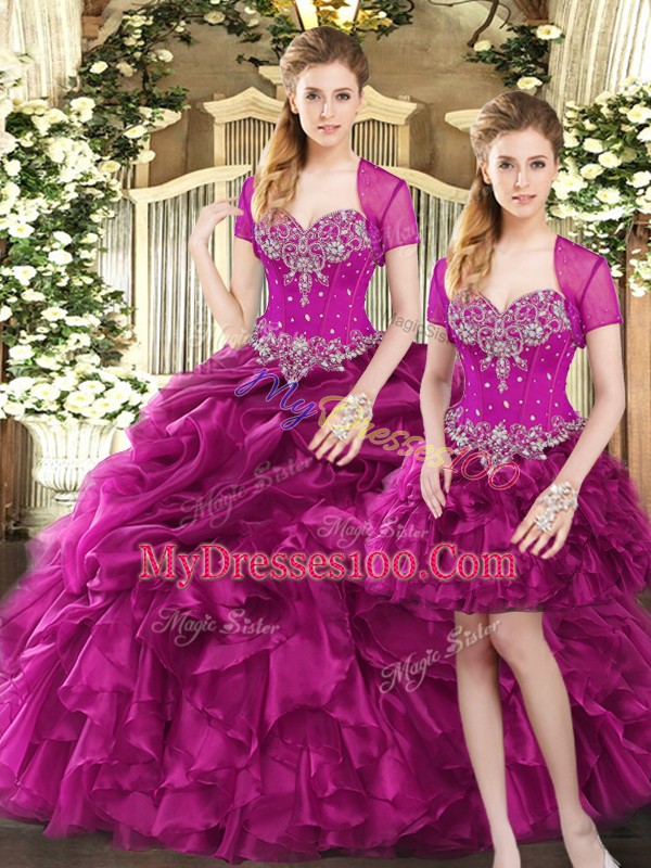 Fitting Fuchsia Quince Ball Gowns Military Ball and Sweet 16 and Quinceanera with Beading and Ruffles and Pick Ups Sweetheart Sleeveless Lace Up