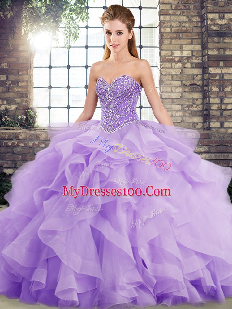 Vintage Lavender Ball Gowns Beading and Ruffles 15th Birthday Dress Lace Up Tulle Sleeveless
