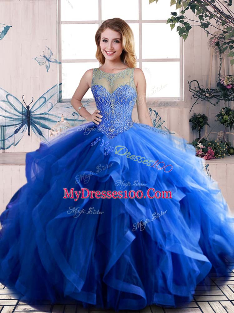 Fashion Royal Blue 15th Birthday Dress Sweet 16 and Quinceanera with Beading and Ruffles Scoop Sleeveless Lace Up