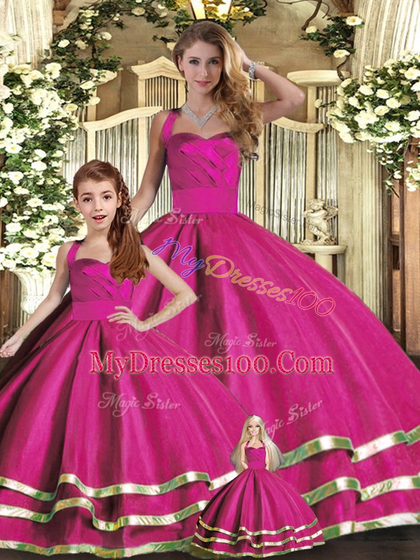 New Style Ruffled Layers Vestidos de Quinceanera Fuchsia Lace Up Sleeveless Floor Length