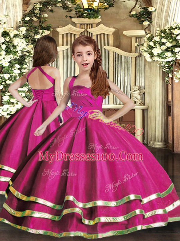 New Style Ruffled Layers Vestidos de Quinceanera Fuchsia Lace Up Sleeveless Floor Length