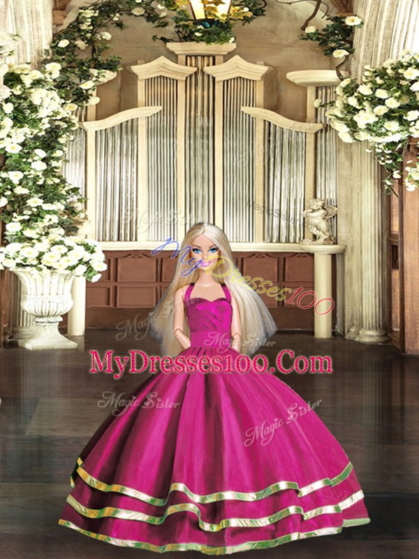New Style Ruffled Layers Vestidos de Quinceanera Fuchsia Lace Up Sleeveless Floor Length