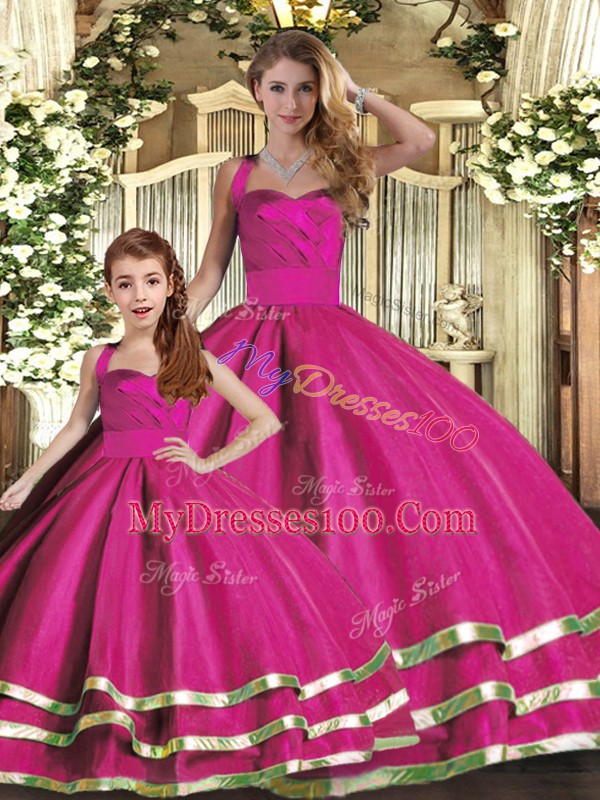 New Style Ruffled Layers Vestidos de Quinceanera Fuchsia Lace Up Sleeveless Floor Length
